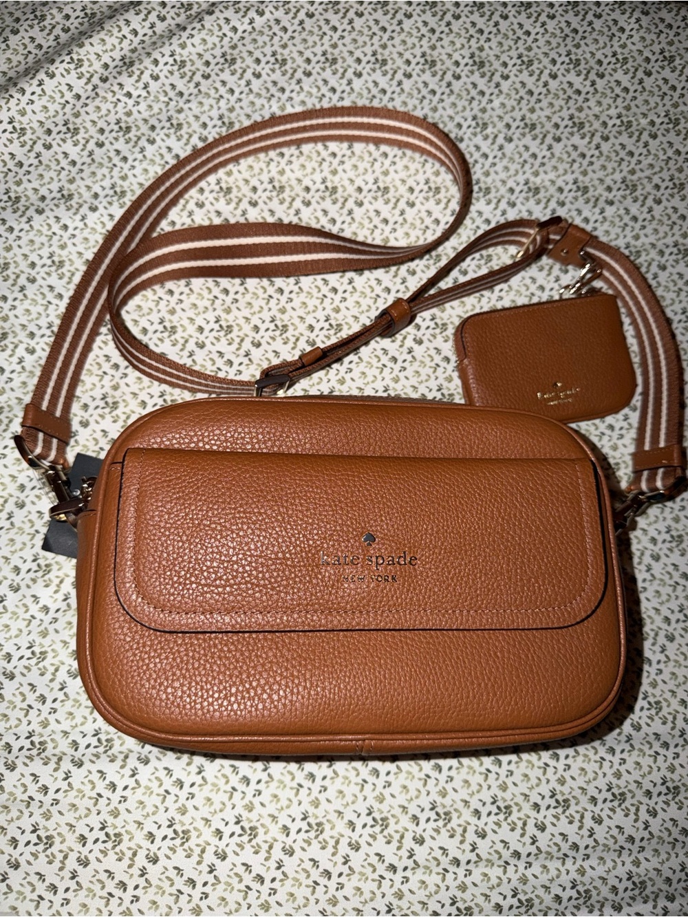 kate spade Tan Pebbled Leather Crossbody with Striped Strap